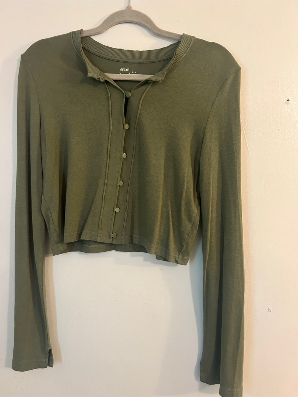 aerie Cropped Olive Green Button-Front Long Sleeve Top